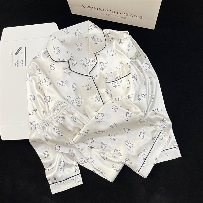 Autumn Ice Silk Luxury Women's Pajamas Lapel Cardigan Home Clothes for Women Cute Rabbit Printing Princess Home Wear