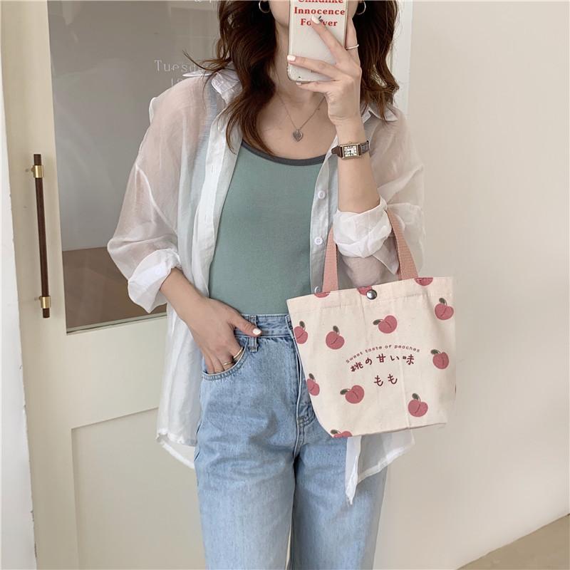 Cute Japanese Peach Canvas Handbag Fresh Sweet Mini Tote Bag With Magnetic Closure