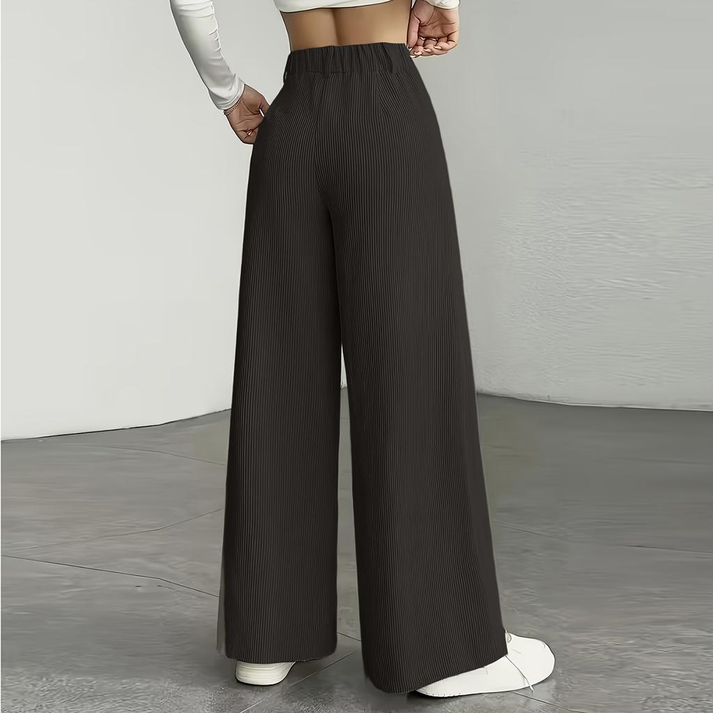 Women's Casual Fashion Color Elastic Waistband Pocket Wide-Leg Straight-Leg Pants