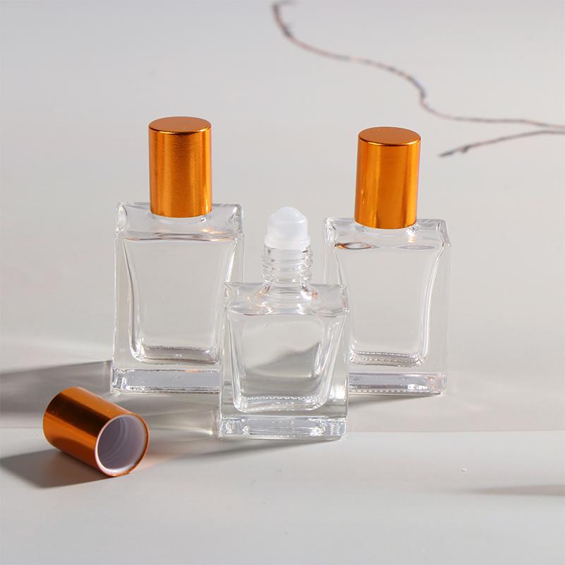 8/10/15Ml Empty Clear Square Glass Essential Oil Bottle Steel Roller Gold Lid Massage Perfume Roll On Sample Vials