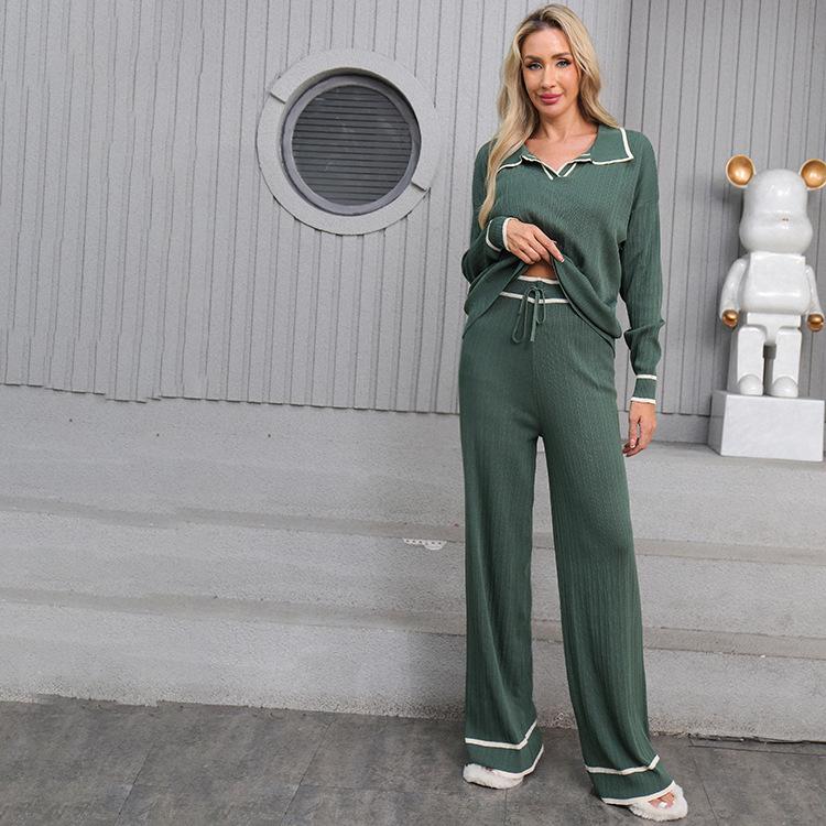 Women's Lounge Sets 2 Piece Outfits POLO V Neck Knitted Pullover Sweater Tops Wide Leg Pants Sets Tracksuit Chunky Fall Winter Sweatsuit for Women