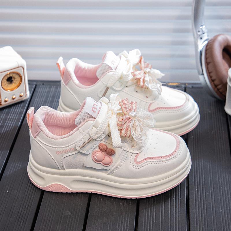 2026 Spring Girls' White Sports Shoes with Bow Knot - Trendy Casual Sneakers for Kids and Teens