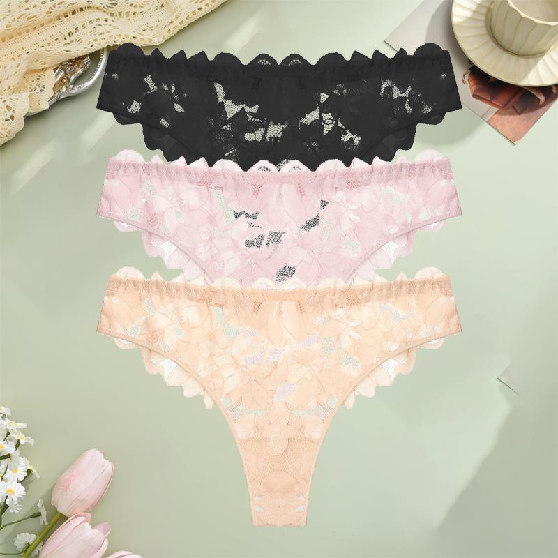 FINETOO 3 Bucți Tangas Florale din Dantelă Decupate Lenjerie Intimă Solidă Sexy cu Talie Joasă Confortabil G-String Fete Fierbinți Lenjerie Erotică