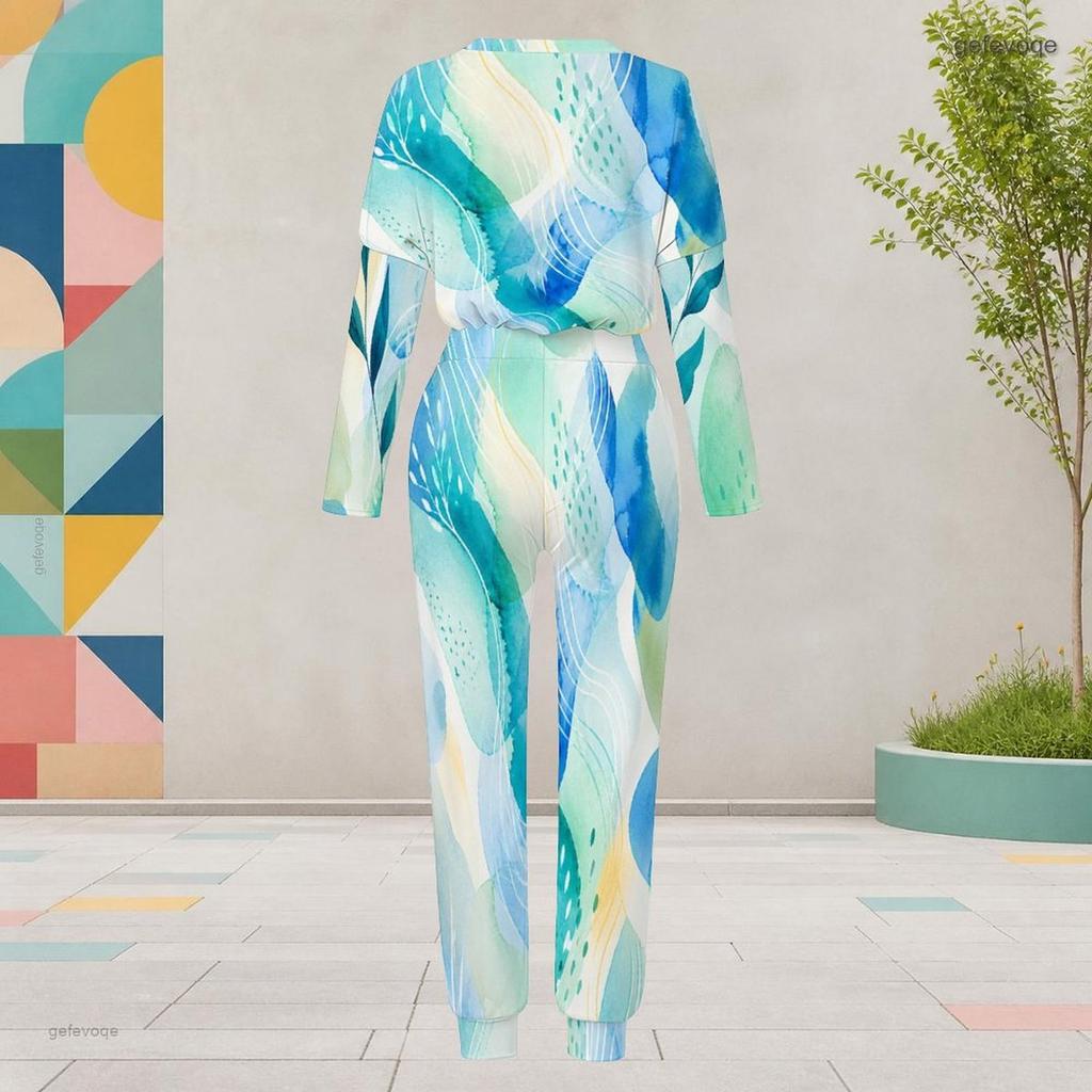 Women Plus Size Printed Round Neck Long Sleeve Two Piece Set Cuffed Top Cuffed Pants With Pockets