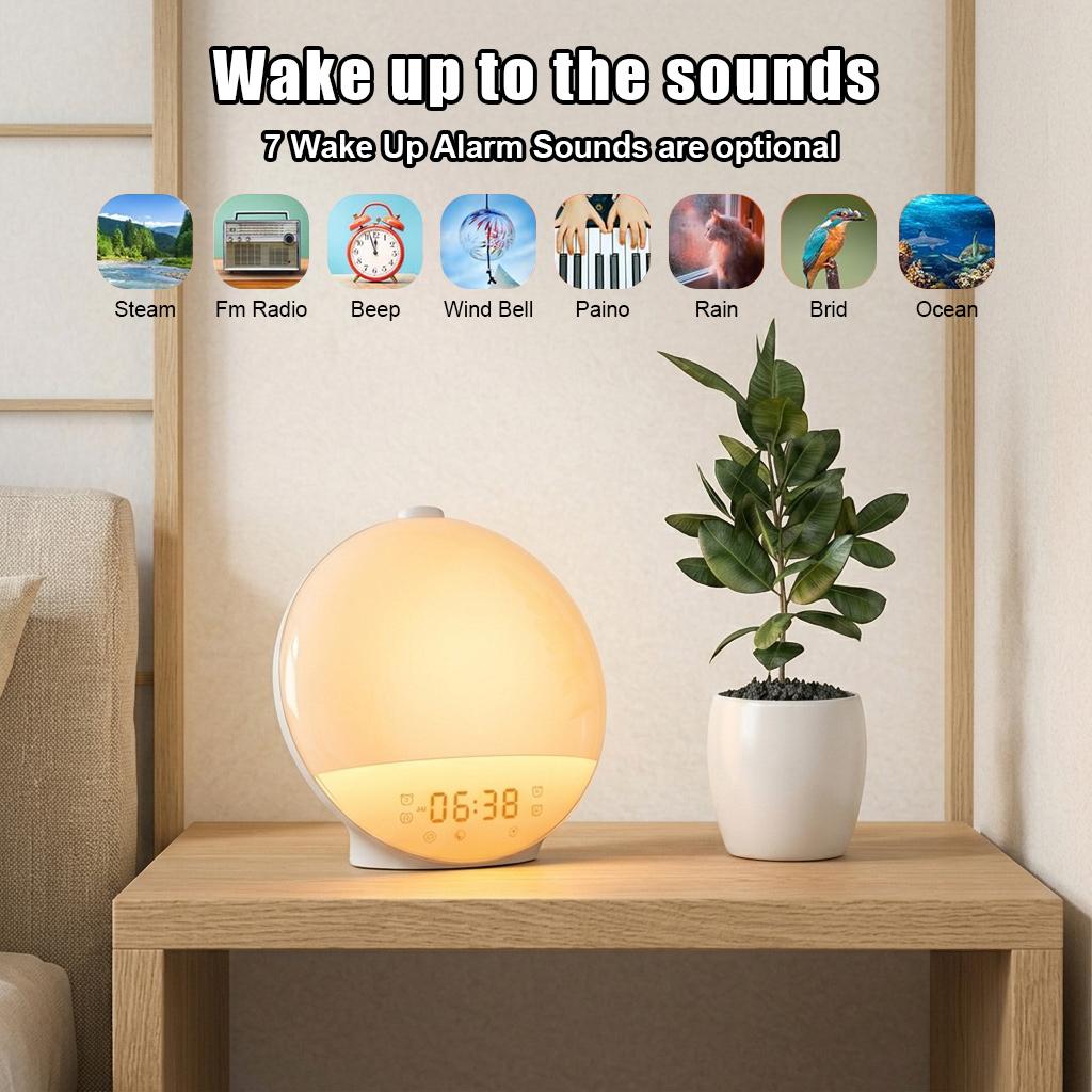 Sunrise Simulation Alarm Clock Wake Up Light 7 Natural Sounds 8 Sleep Music FM Radio Dual Alarms Snooze Colorful RGB Ambient Light