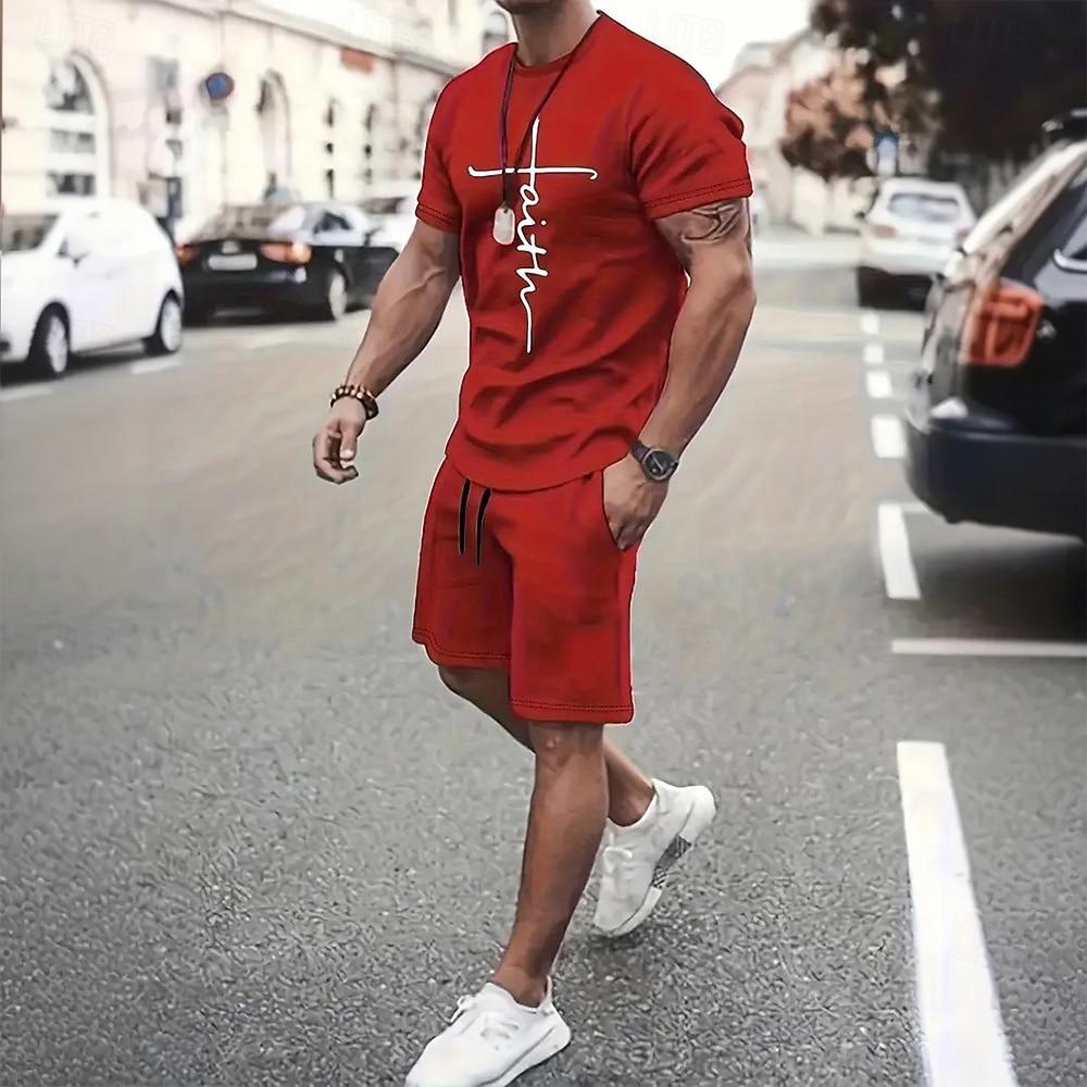 Men's Graphic 2pcs Tees sets Summer Tops Short Sleeve Short Pants Crew Neck Sport Casual Casual Going out Streetwear 3D Print Summer Grey Black Red