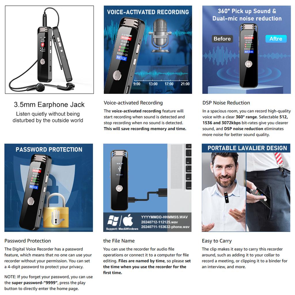 Voice Activated Recorder with 7-Level Adjustable Voices Control Dictaphone Recording Device for Lectures Meetings