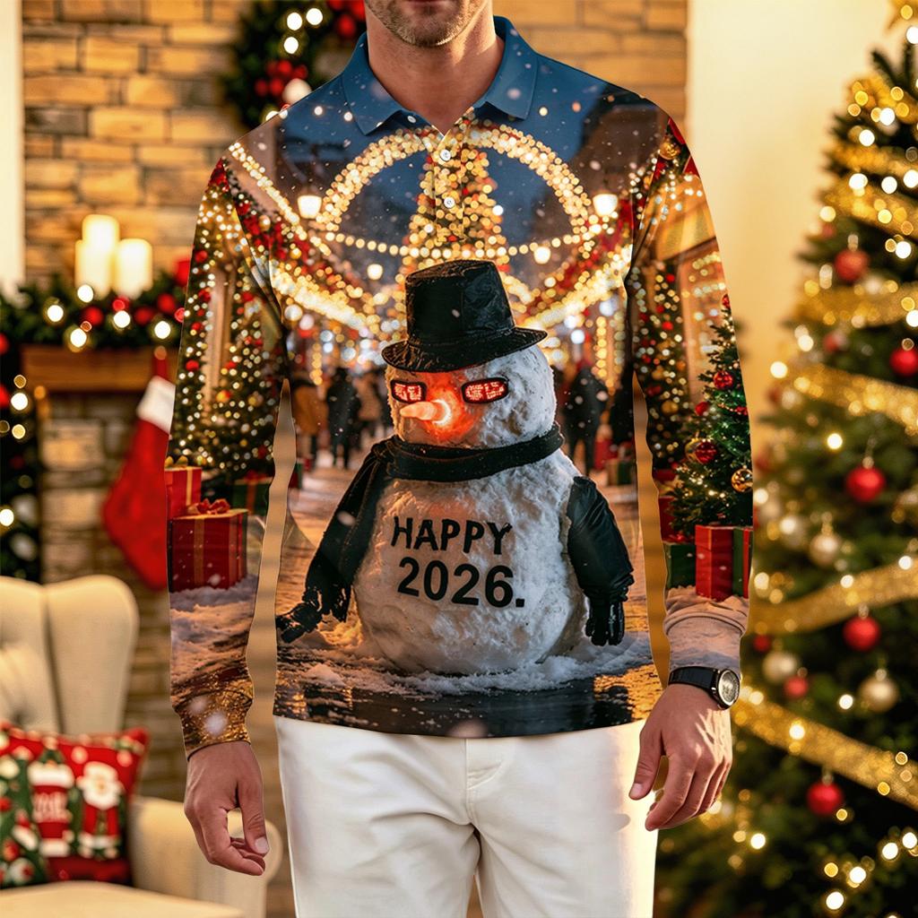 Men's Long Sleeve Golf Shirt Quick-Dry Mesh Casual Top with Christmas Print for Holiday Wear