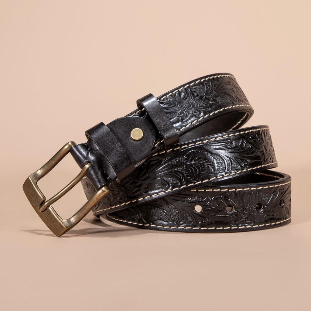 Retro Trend Embossed Belt Men's Genuine Leather Copper Buckle First Layer Cowhide Belt