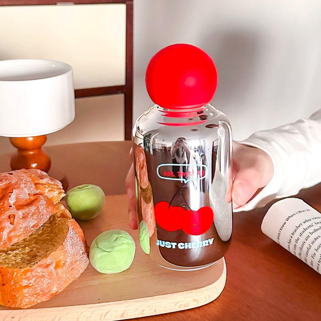 Cute Cherry Glass Cup Mirror Glass Bottle for Coffee Juice Matcha Tea Glass Portable Leak-proof Woman Glass Tumbler Water Bottle