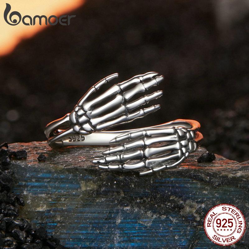 Bamoer 925 Sterling Silver Hug Hand Opening Ring For Women Jewelry Skull Open Ring Vintage Oxidized Silver Simplicity Ring Gift