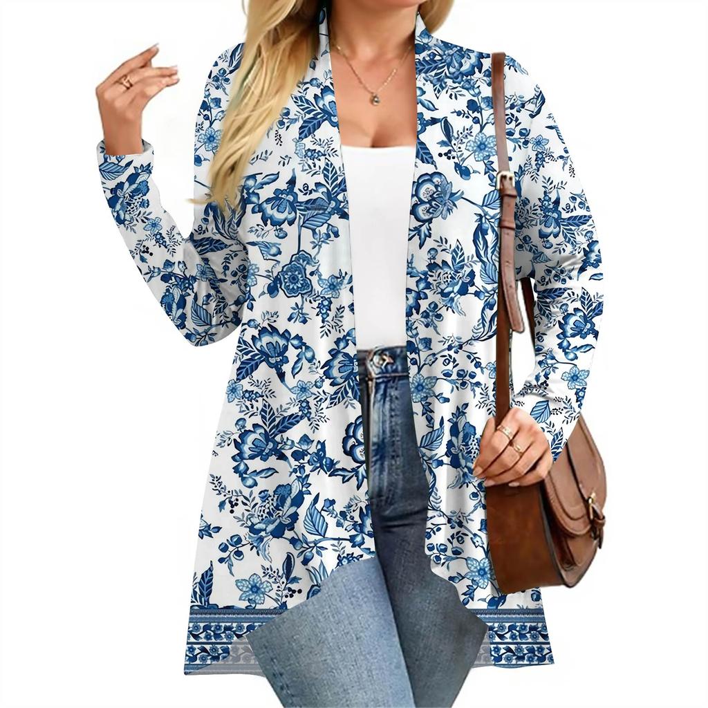 Women's Fall And Winter Fashion Casual Print Long Sleeve Mid-Length Cardigan Jacket