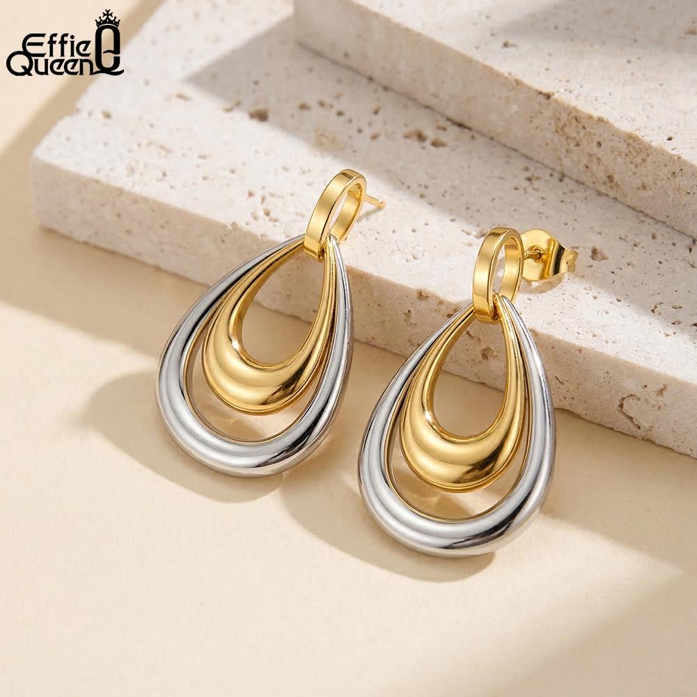Effie Queen Trendiger Ohrhänger für Damen 18K Gold Plated Hochzeit Edelstahl Kreis Anhänger Ohrringe Modeschmuck STKE33