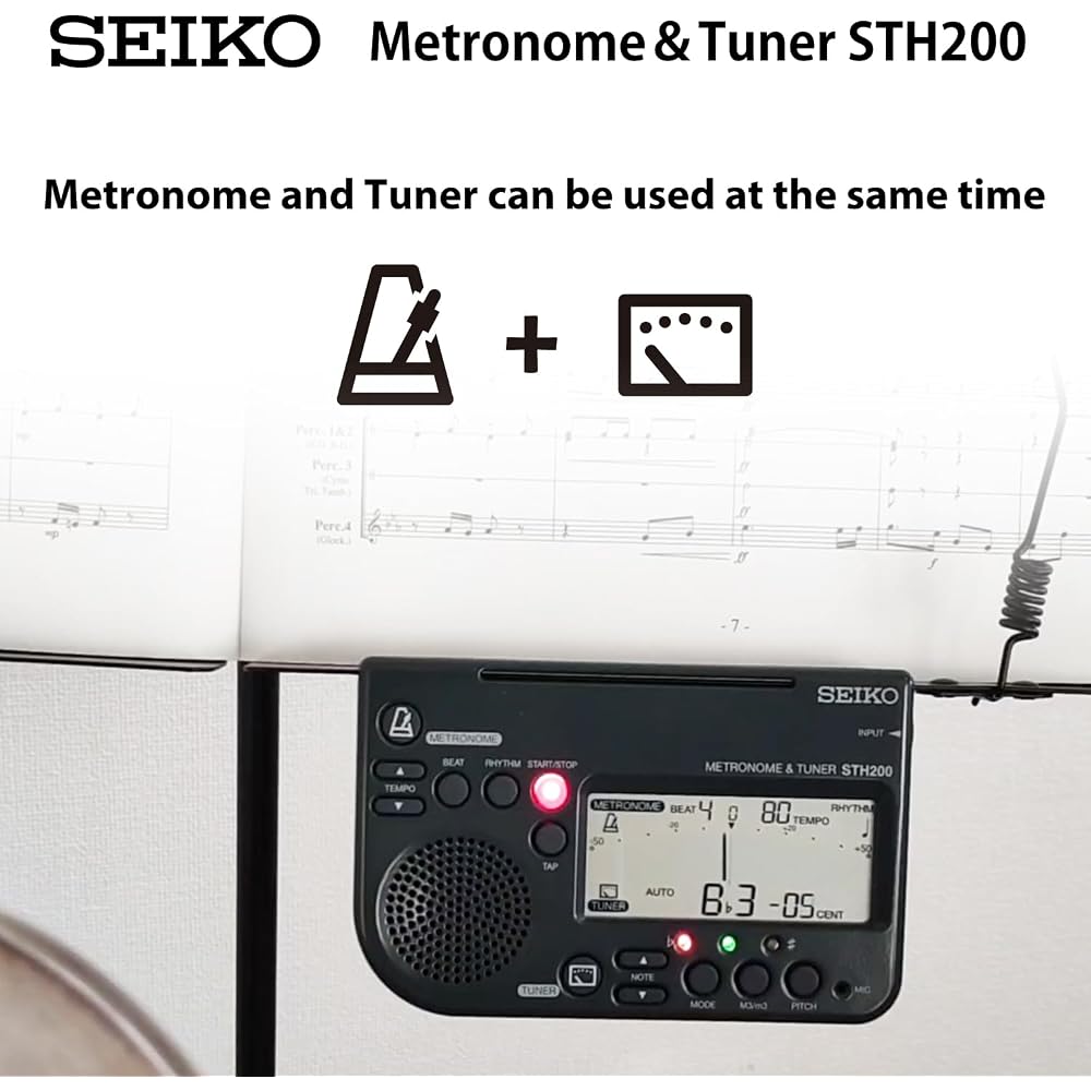 SEIKO Metronome Tuner, High Volume, Music Stand Mountable, Ideal for Wind Ensembles, Black STH200B