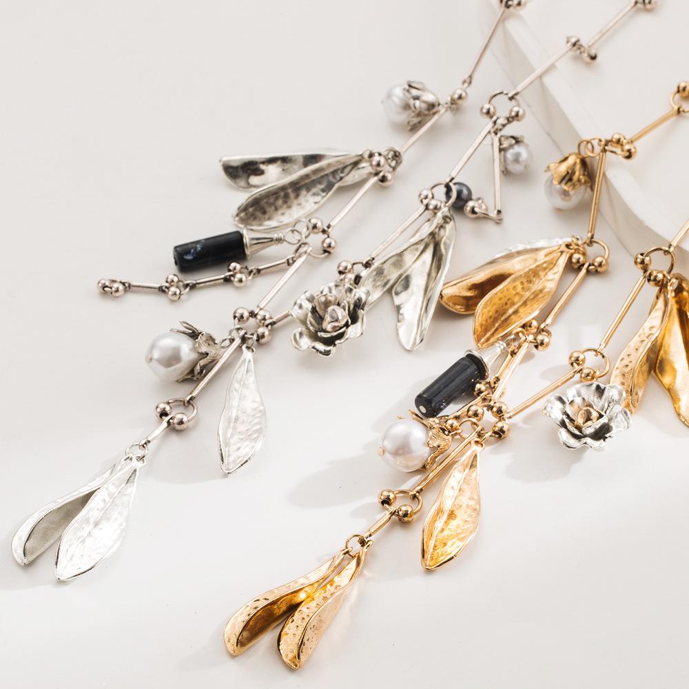 Exaggerated Leaf Alloy Necklace - Flowers Geometric Retro Stud Earrings - Collar Chain for Women