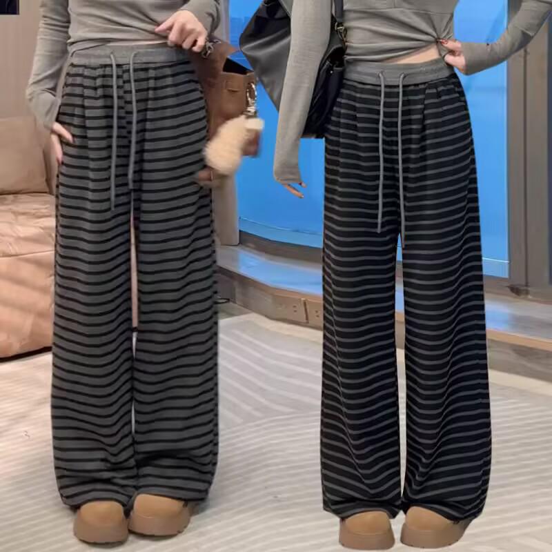 

Spring 2025 High-End Striped Wide-Leg Pants: Women s Slimming, Height-Enhancing, Elastic Waist, Floor-Length Casual Style 2XL (approx. 126-145 lbs)