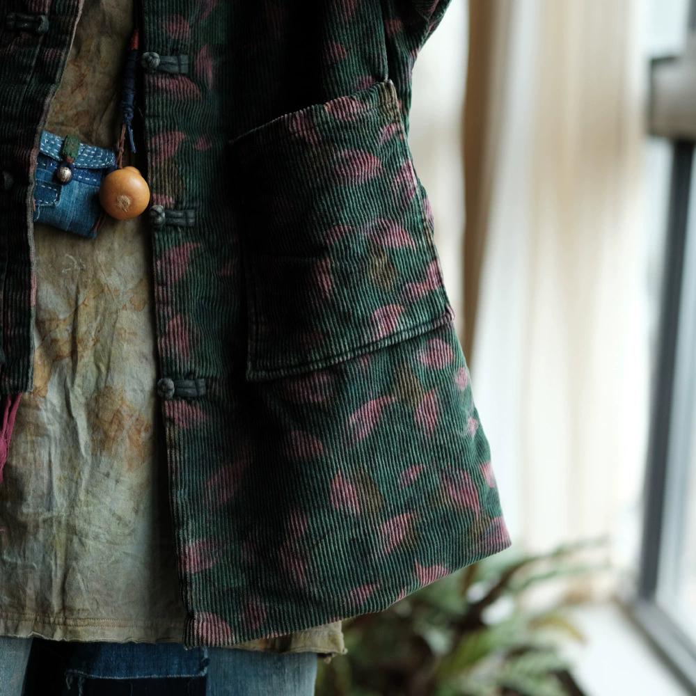 Johnature Women Vintage Corduroy Print Floral Button Patchwork Pockets Winter Coats Warm Coats