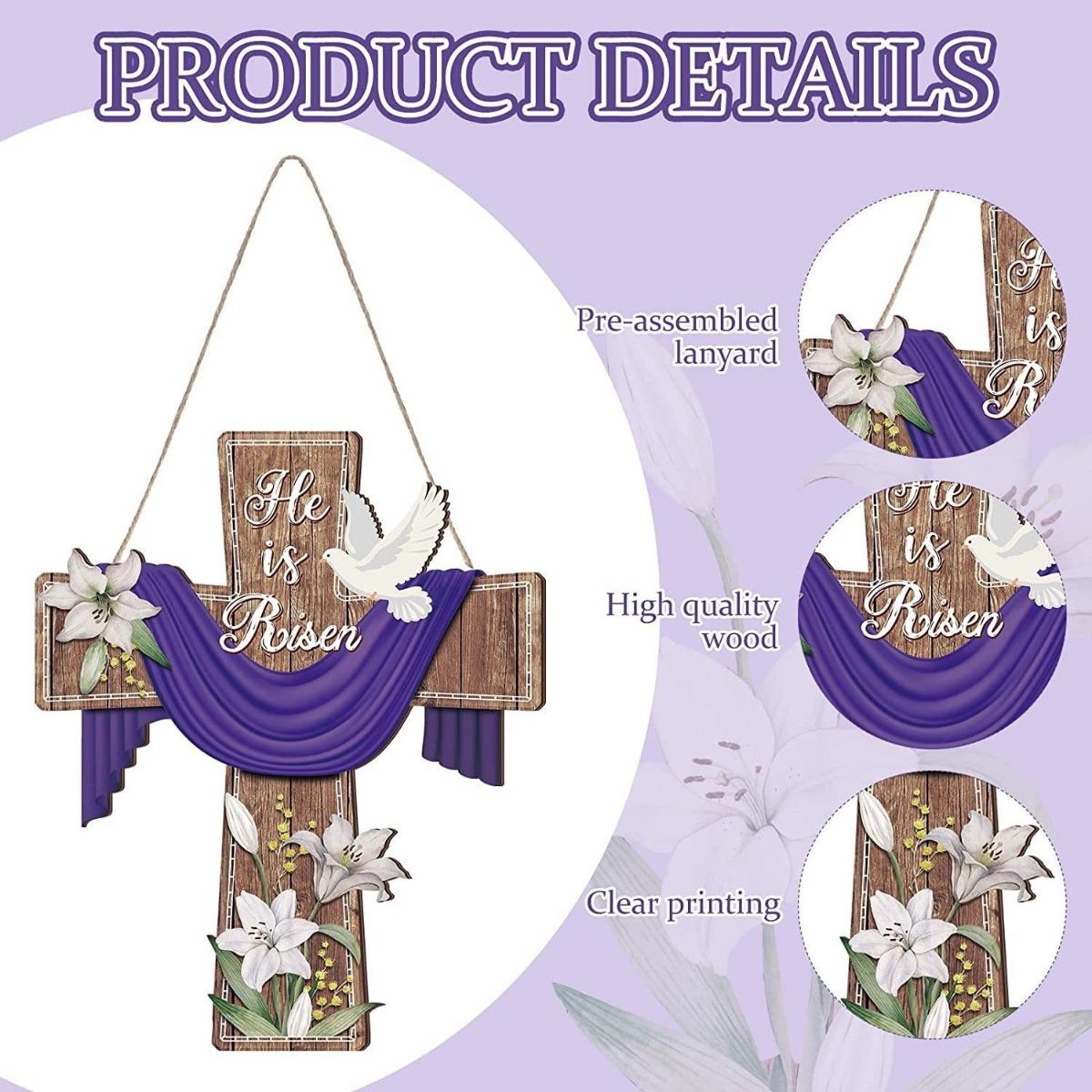 

Пасхальный венок «Он воскрес» для входной двери, религиозное пасхальное украшение, деревянный крест, дверной знак, подвесной знак, христианский цветочный декор для вечеринок Style 1 фиолетовый