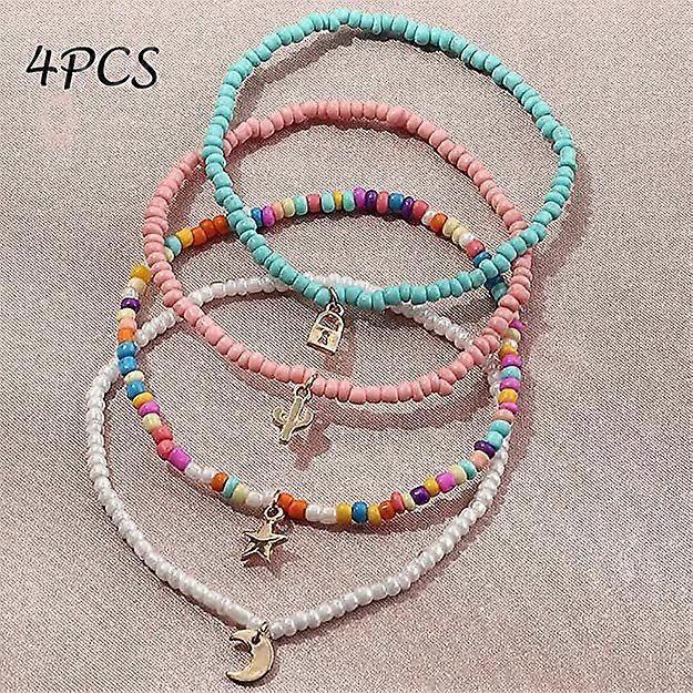 Dww-4 Pieces Bohemian Multilayer Beaded Ankle Bracelet Colorful Women's Ankle Moon and Star Pendant Ankle Beads Elastic Foot Bracelet Summer Beach Jew