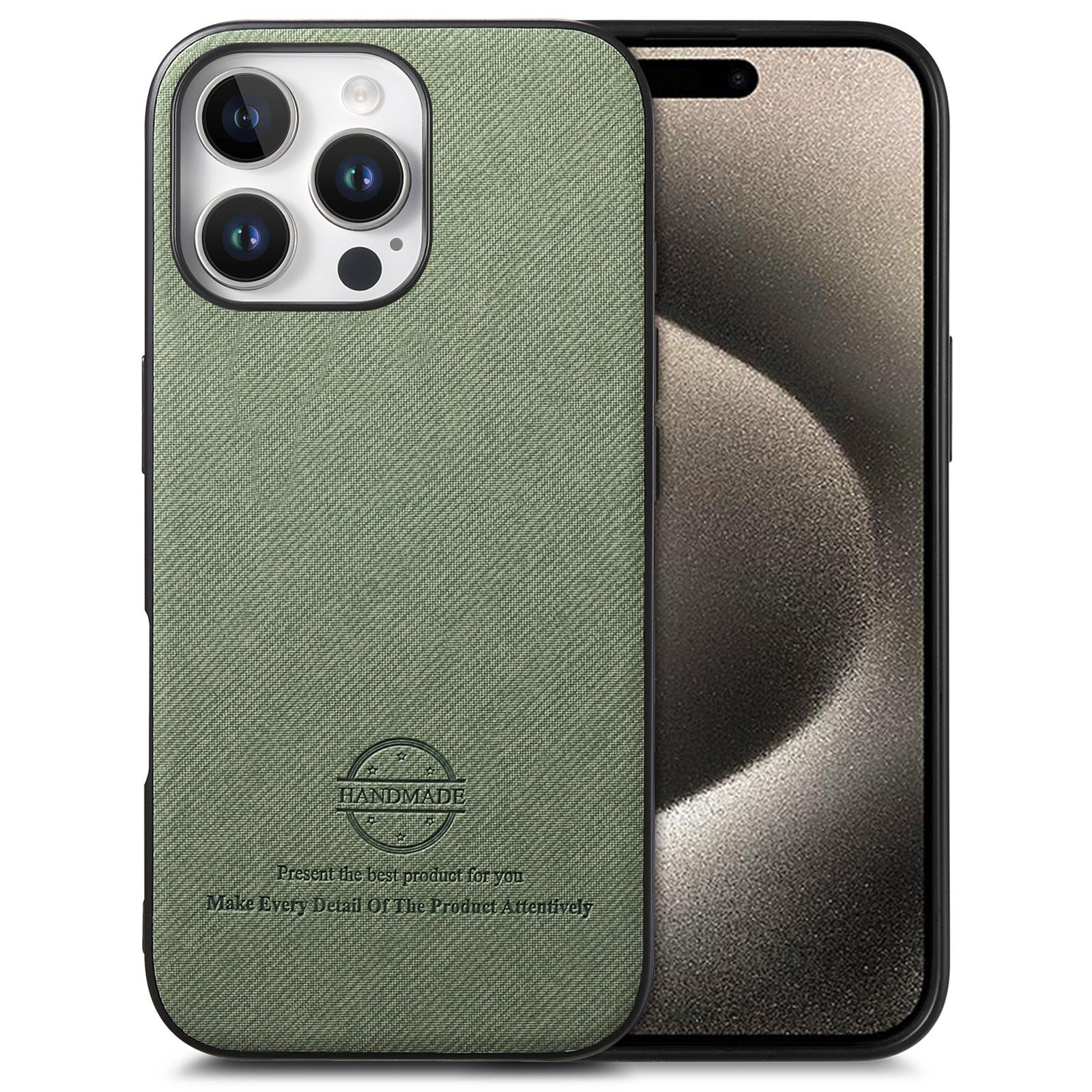 

For iPhone 15 Pro Case Cloth Texture Leather+PC+TPU Anti-Drop Phone Cover Green
