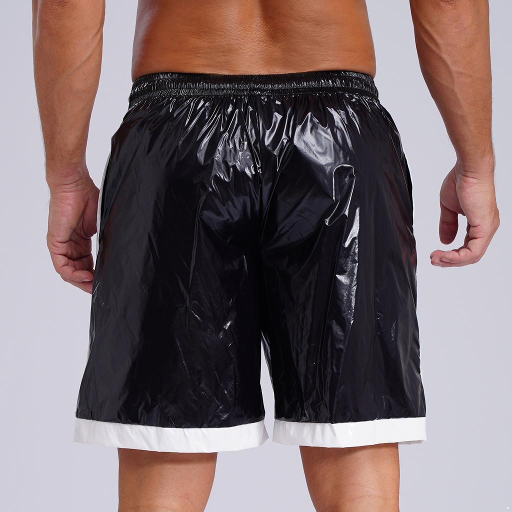 Mens Wet Look Boxer Shorts Drawstring Elastic Waist Pockets Waterproof Beach Shorts Swimming Trunks Loose Fit Short Pants Club