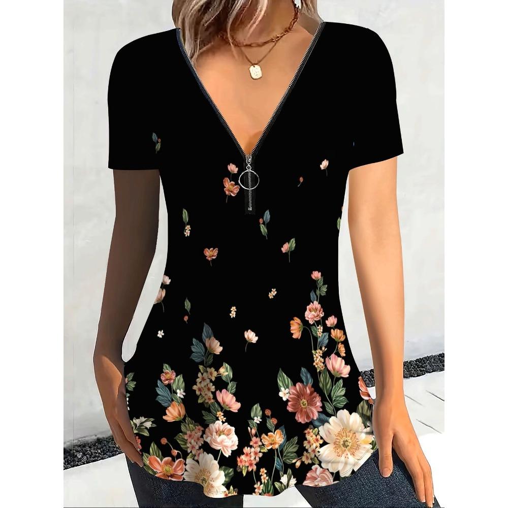 

Summer Women s Short Sleeved T-shirt Fashionable and Elegant Zipper V-neck Color Blocked Printed T-shirt Large Size L
