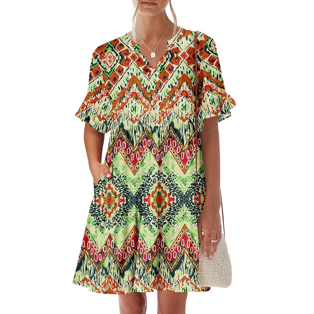 Womens Summer Dress Short Sleeve V Neck Short Dresses Fashion Casual Flowy Boho Ruffle A Line Swing Sundress With Pockets
