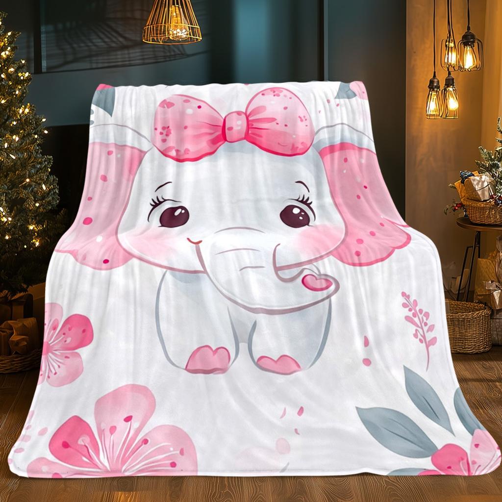 Cute Elephant Fleece Blanket Pink Bow Cartoon Animal Soft Flannel Throw Bed Cover Kids Nursery Decor Gift for Baby Girls