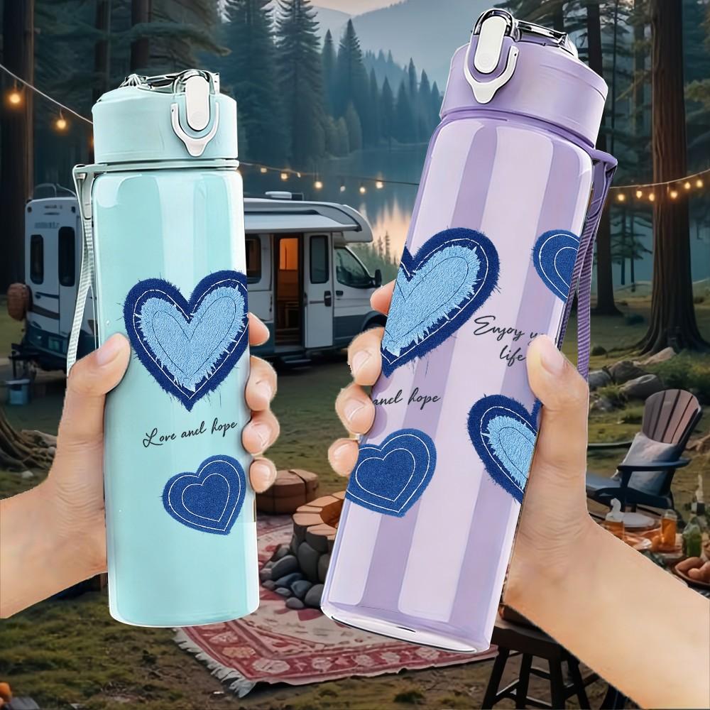 1PC Stacked Blue Pastel Heart Print 750ml Color Plastic Sports Water Bottle Leakproof Flip Straw Lid Suitable for Sports Office Home Use