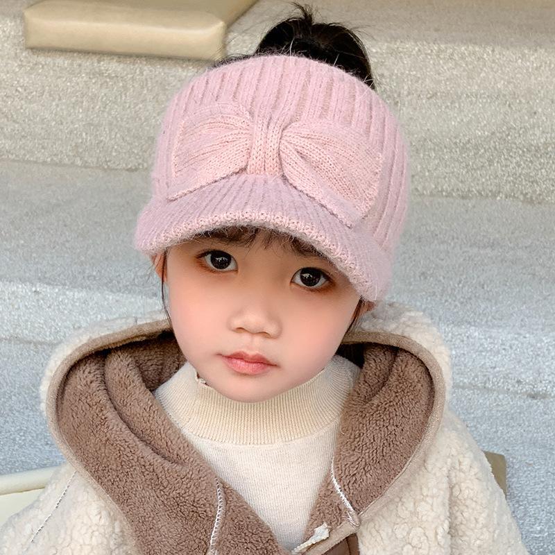 Empty Top Ear Protection Woolen Hat Baby Girl Bow Knitted Duckbill Hats 3-10Year Kids Winter Warm Earmuffs Cap Children Beanies