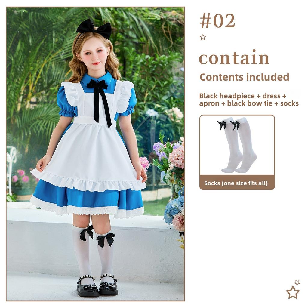 Alice In Wonderland Maid Costume for Girls, Blue Dress with Apron and Headwear
