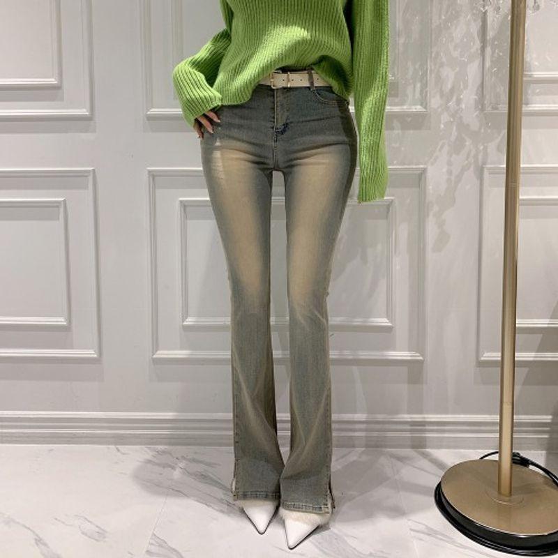 

South korea Dongdaemun High Waist Faded Slim fit Slightly Pull Split Fengyi Buttock Lifting Slimming Fashion Denim Trousers Four Seasons Women Blue yellow M