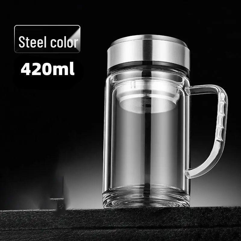 Men's Double-Layer Glass Teacup with Handle - Large Capacity for Office and Home Use