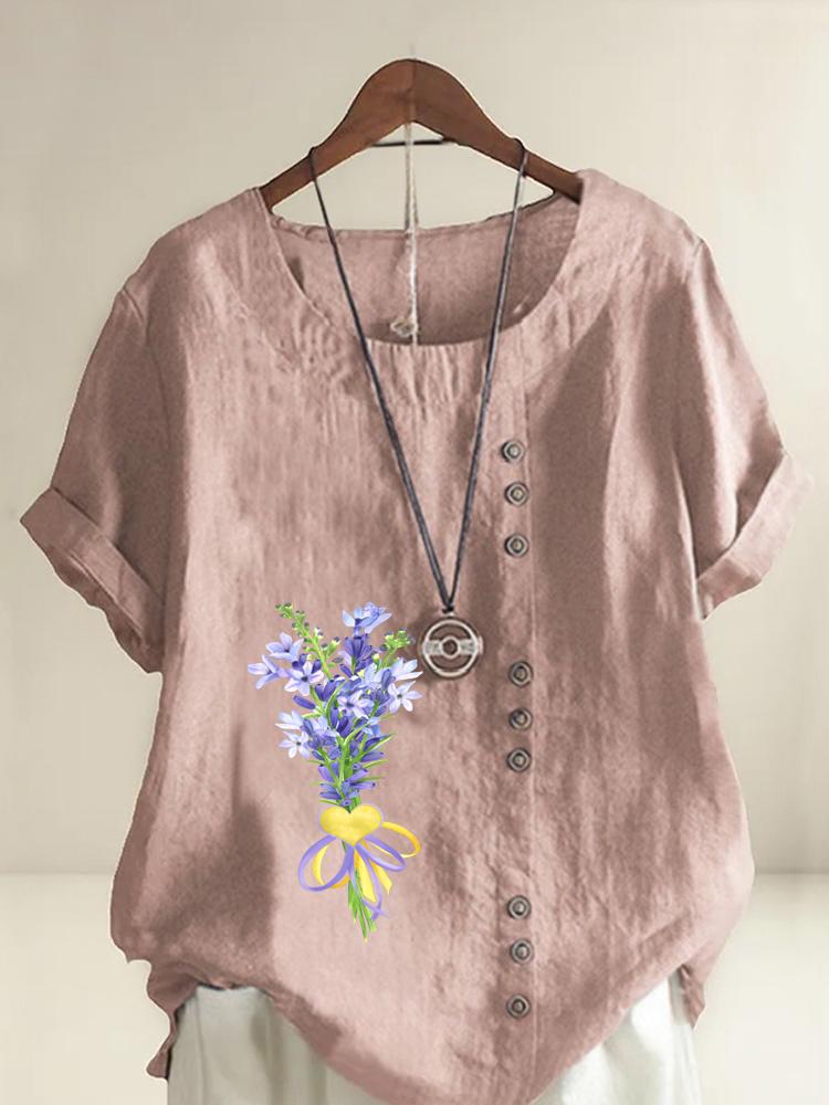 

Women s Fashion Purple Bouquet Print Shot Sleeve T-shirt Loose Cotton Shirt Casual Loose Summer Blouse Tops Plus Size S