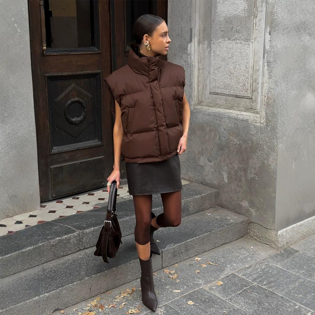 Europe, America, autumn and winter new loose casual drawstring adjustment thin stand collar vest sleeveless cotton vest