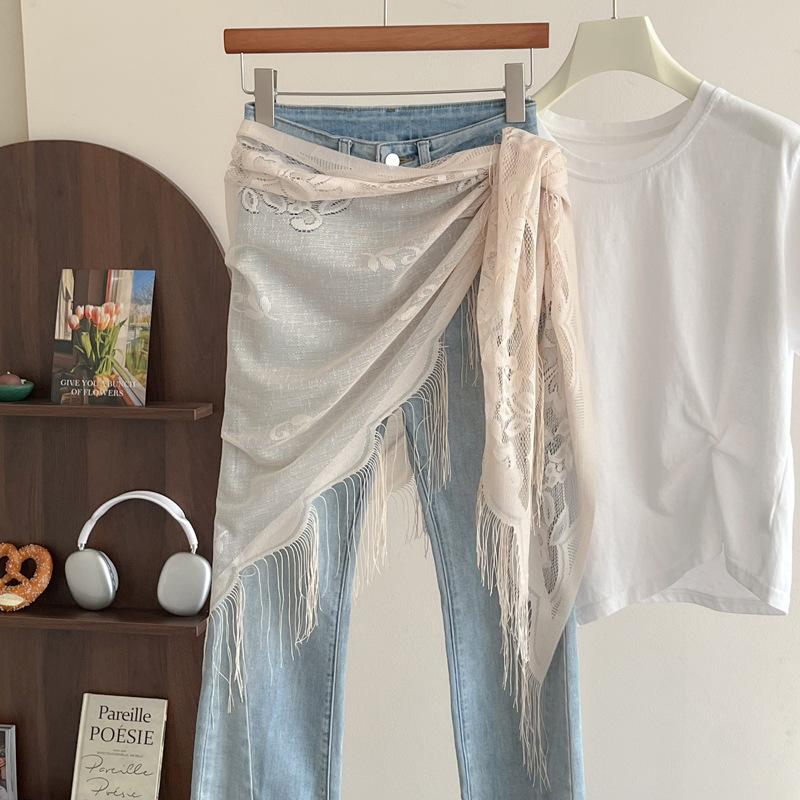Lace Triangle Scarf Solid Color Fringe Sun Protection Shawl