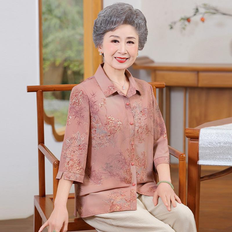 

Elegant Grandmother s Summer Seven-Sleeve Lapel Shirt - Casual and Versatile Women s Top for Middle-Aged and Elderly 4XL (recommended 135-150 jin) рожевий