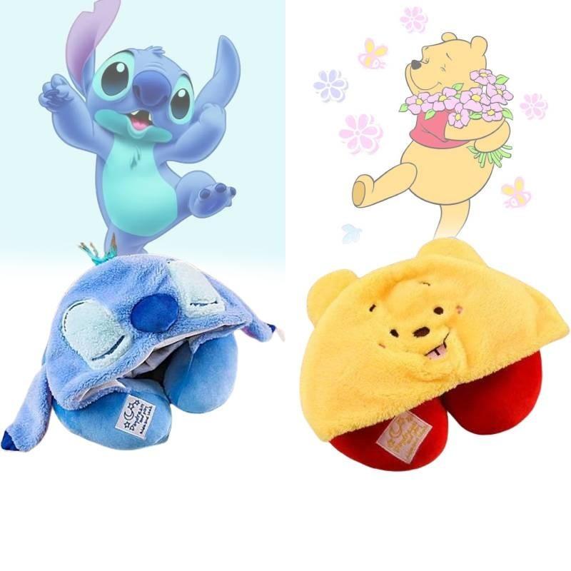 Soft Polyester Fiber Car Neck Pillow Travel Hooded Neck Cushion Cute U-shaped Plush Toy For Adults Yellow Winnie The Pooh Blue Stitch