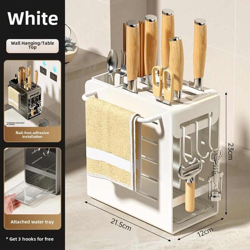 Kitchen Wall Mount Knife Holder Organizer Rack with Chopstick Storage and Dish Drying Tray, No Drilling Required