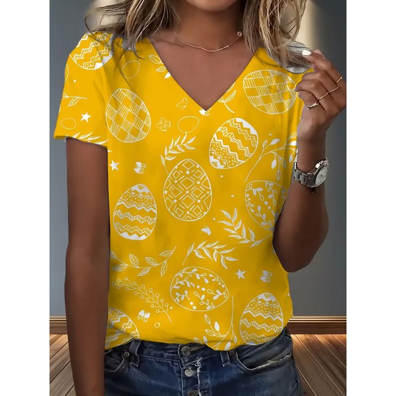 Womens V-Neck Loose Fit Short Sleeve T-Shirt With Colorful Geometric Starry Print Casual Top