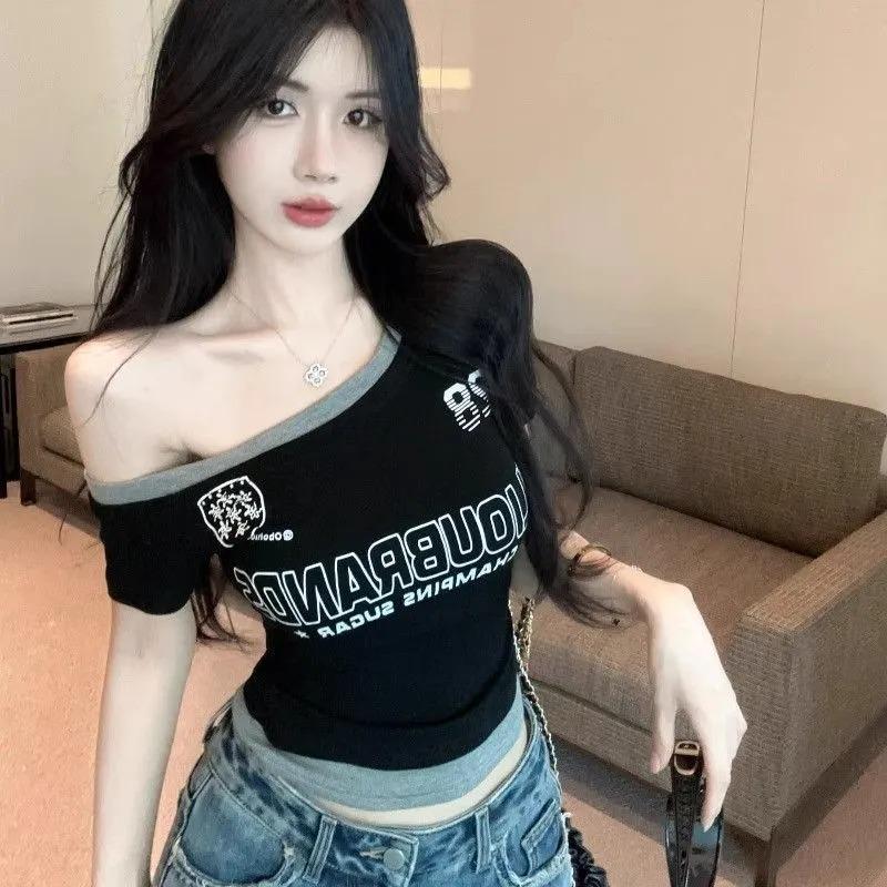 

Hot Girl Slanted Shoulder American Printed Short-sleeved Women s Summer New Slim and Chic Short Top S чёрный
