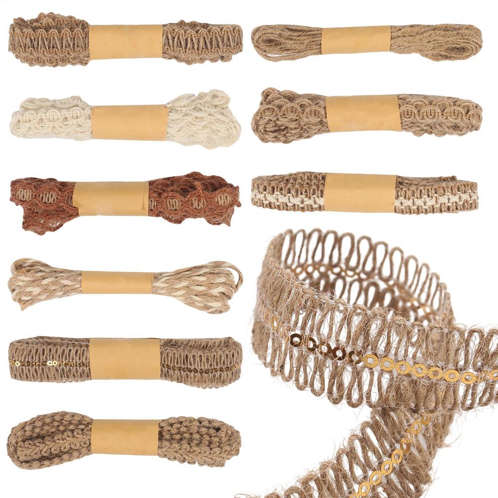 Jute Ribbon 9 Rolls Rope Lace Wedding Trim Vintage Jute Ribbons for Holiday Festival Party Home Wreath Garland Sewing Wrapping