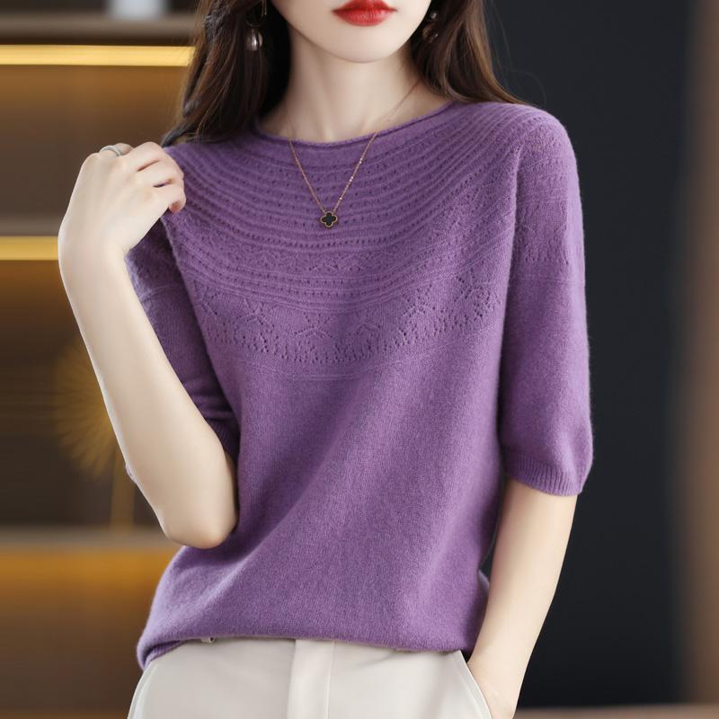 Women Knit T-shirt 100% Wool MODERN NEW SAGA Summer Knitted Shirt Short Sleeve Tees O-neck Pullover Knit Tops