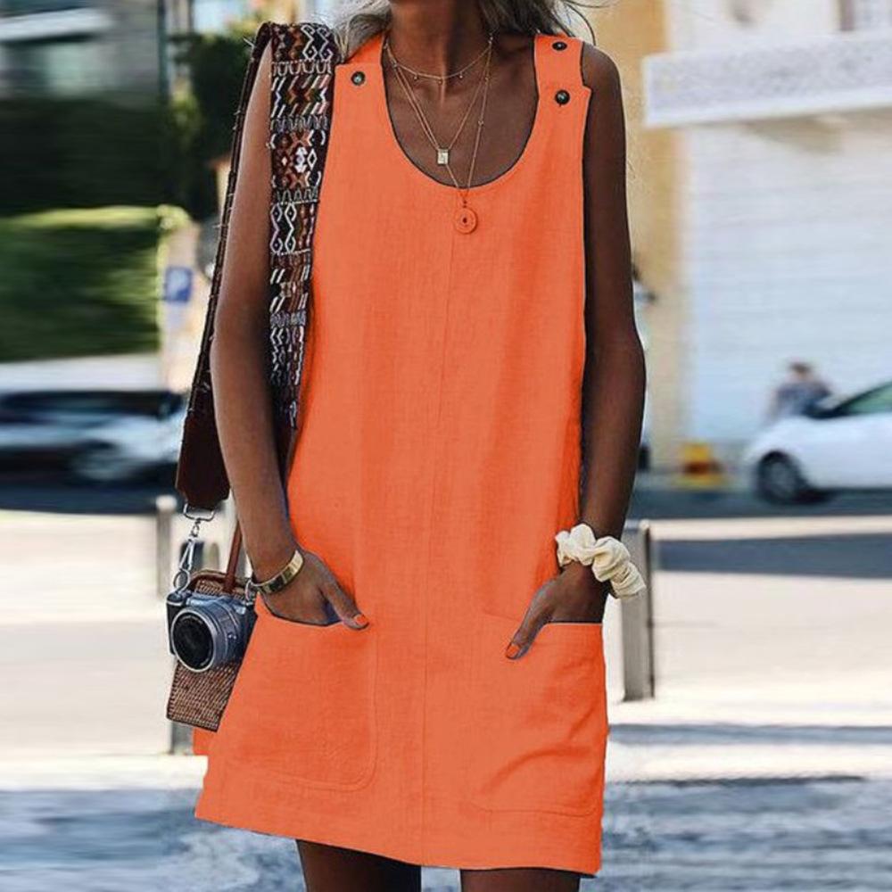 Summer Women's Pocket Button Cotton and Linen Overalls Dress