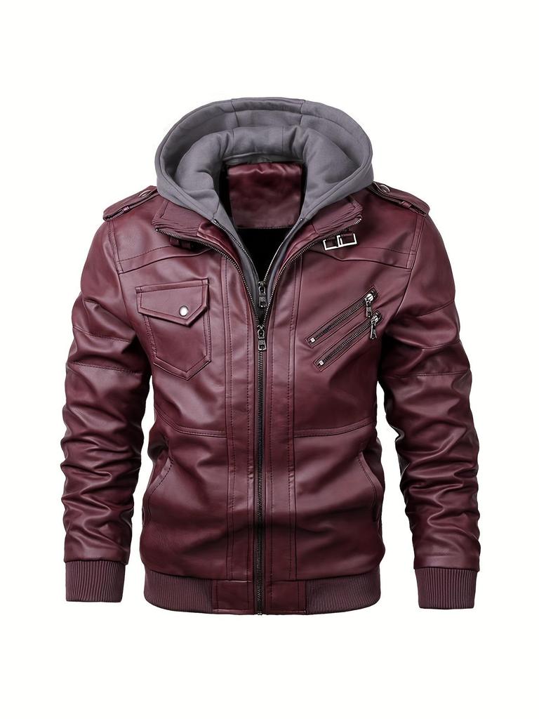 Men's Vintage PU Leather Motorcycle Jacket with Detachable Hood - Autumn/Winter