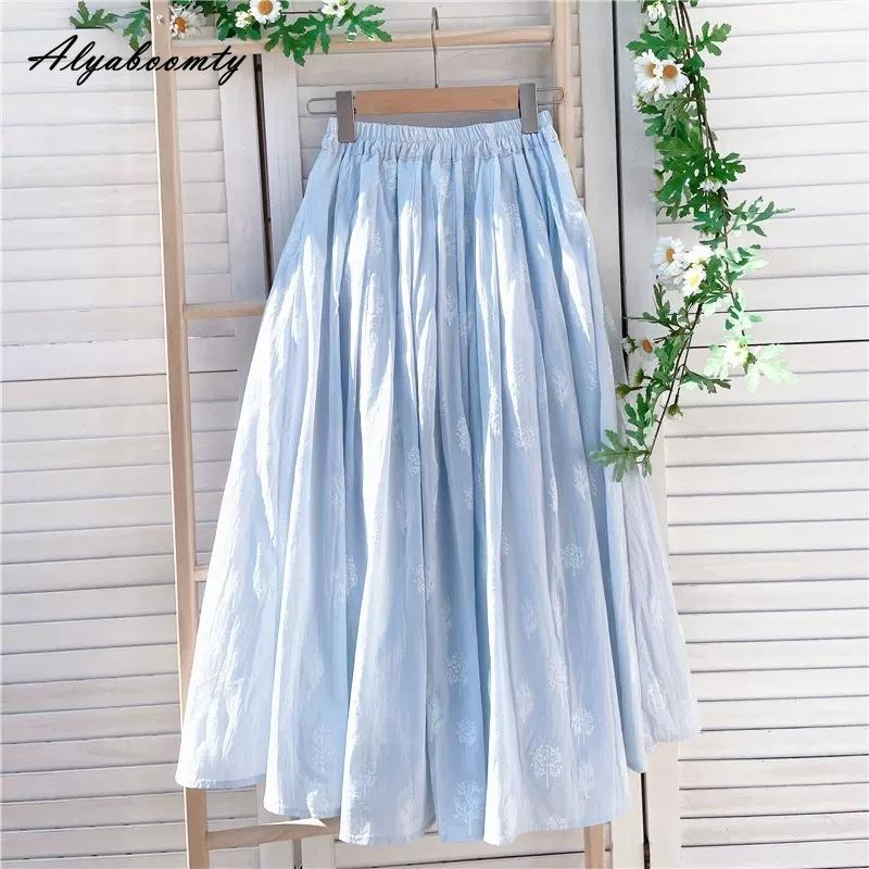 Japanese Mori Girl Summer Women Blue A-Line Skirt High Waist Floral Cotton Elegant Skirts Womens