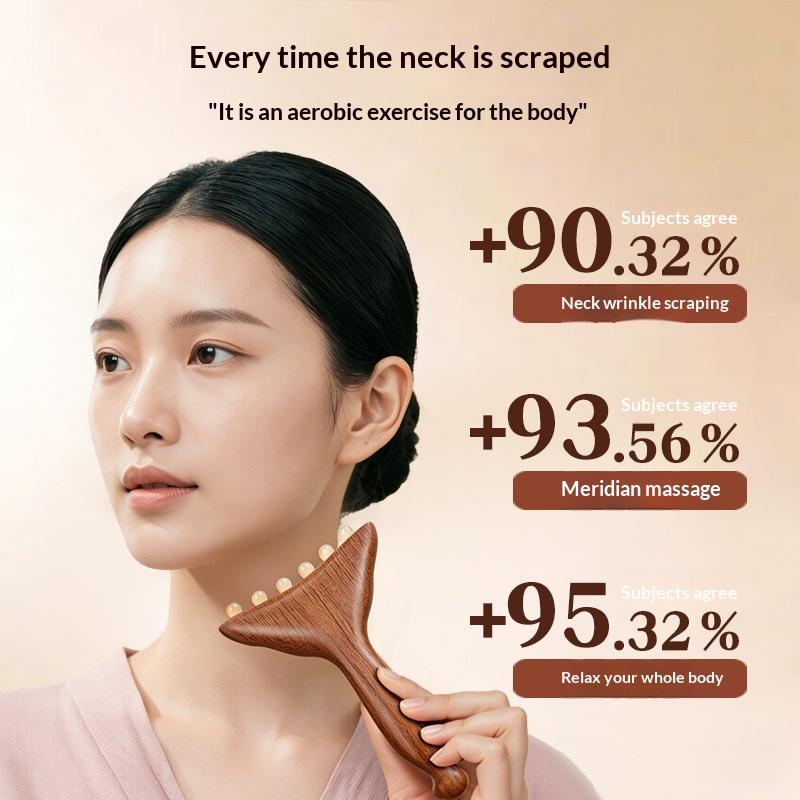 Manual Gua Sha Massage Comb for Facial Meridian Therapy with 1 Horn Ball Sandalwood Handle Beauty