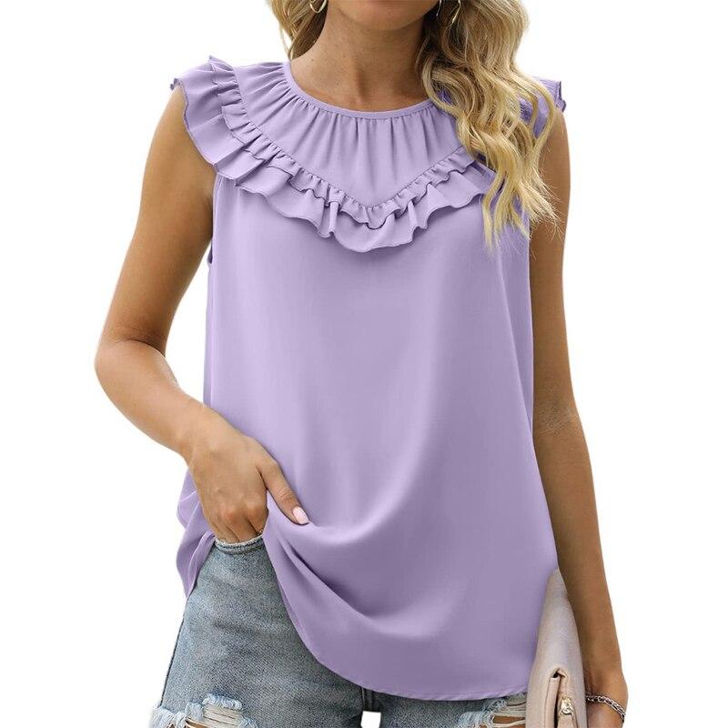 Summer Ruffles Loose Sleeveless White Shirts Women Elegant Casual Chiffon Blouse Women Solid O Neck Tops Shirt Blusas  25556