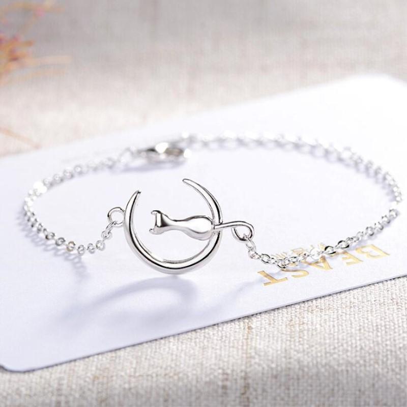 Popular Female Simple Cute Animal Fashion 925 Sterling Silver Jewelry Beautiful Moon Cat Fashion Bracelets SL018