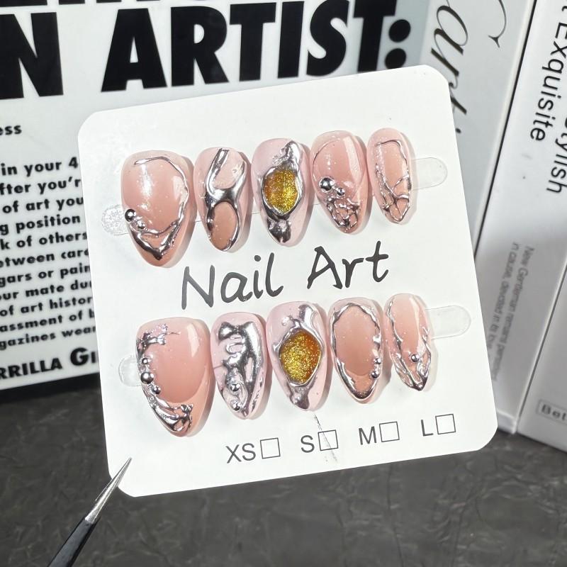 Short Almond False Nails With 3D Embossed Design French Tip Press-On Nail Art Women Extra Small